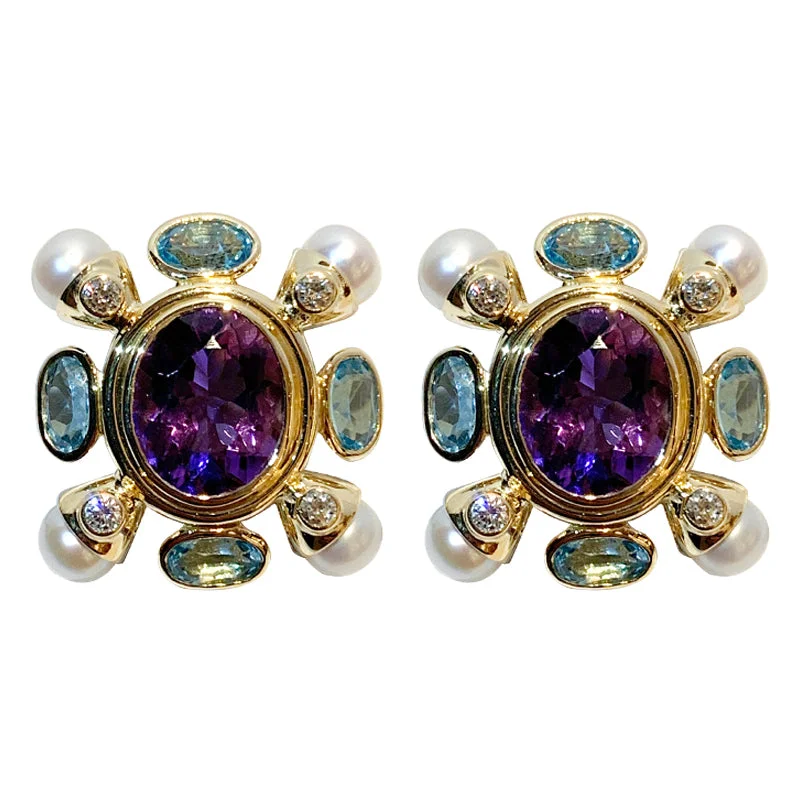 Ladies earrings for reader vibes -Earrings- Amethyst, Blue Topaz, F.W. Pearl and Diamond in 18k Gold