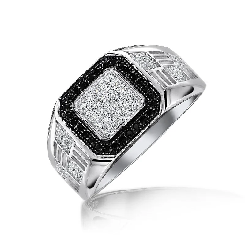 Ladies engagement rings with lunar accents -Mens Stainless Steel Geometric Micro Pave Halo Square CZ Engagement Ring