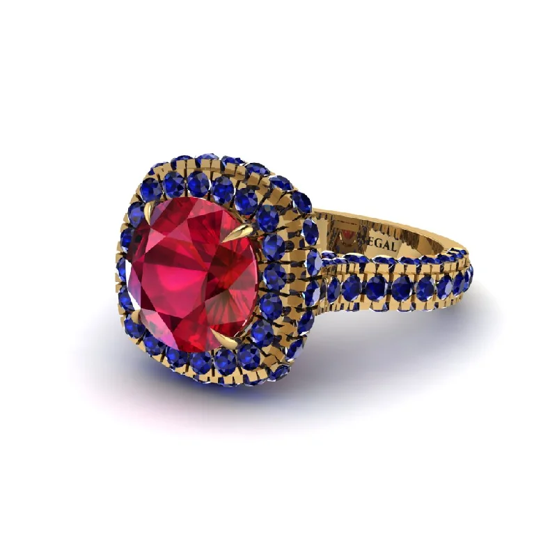 Ladies engagement rings with prism accents -Ruby Pave Double Halo Engagement Ring - Eve No. 70