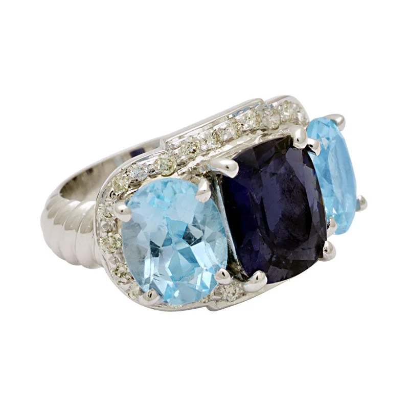 Ladies rings with ripple motifs -Ring-Iolite, Blue Topaz and Diamond