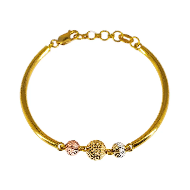 ladies-gemstone-braided-bracelets-22K Multi Tone Gold Bracelet W/ Centered White, Yellow & Rose Gold Spindle Beads