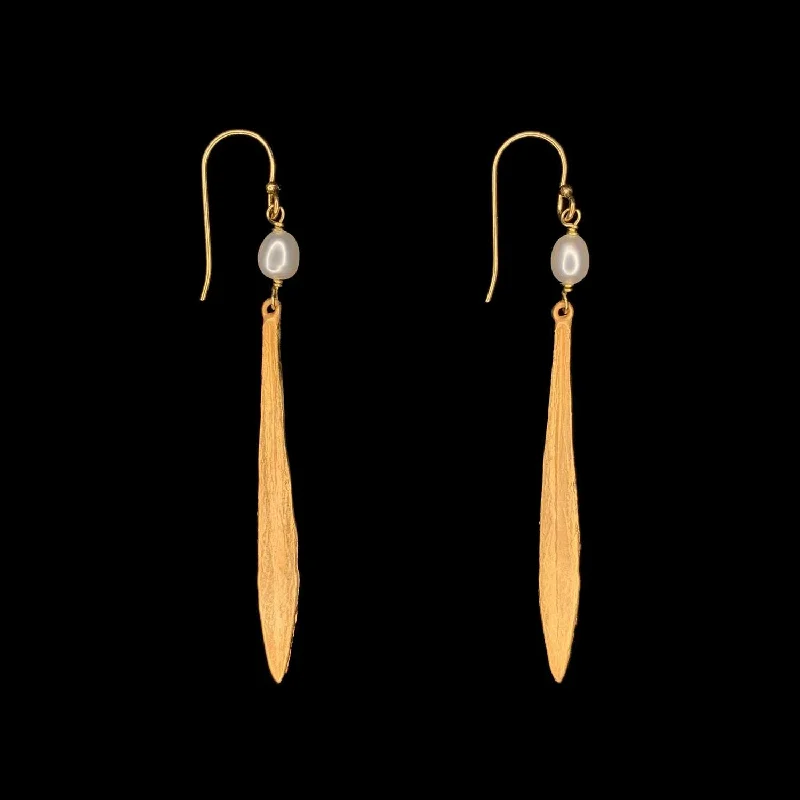 Ladies earrings for boho vibes -Leaf and Bud Earrings - Long Pearl Drop Wire