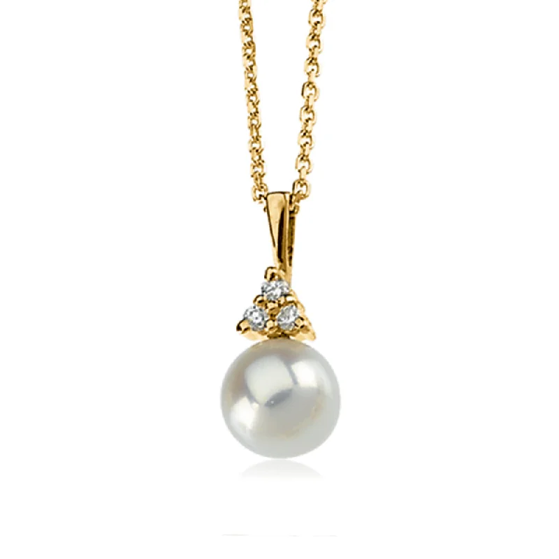 ladies-flower-bar-necklaces-7mm Akoya Cultured Pearl & .06 Ctw Diamond Necklace in 14k Yellow Gold