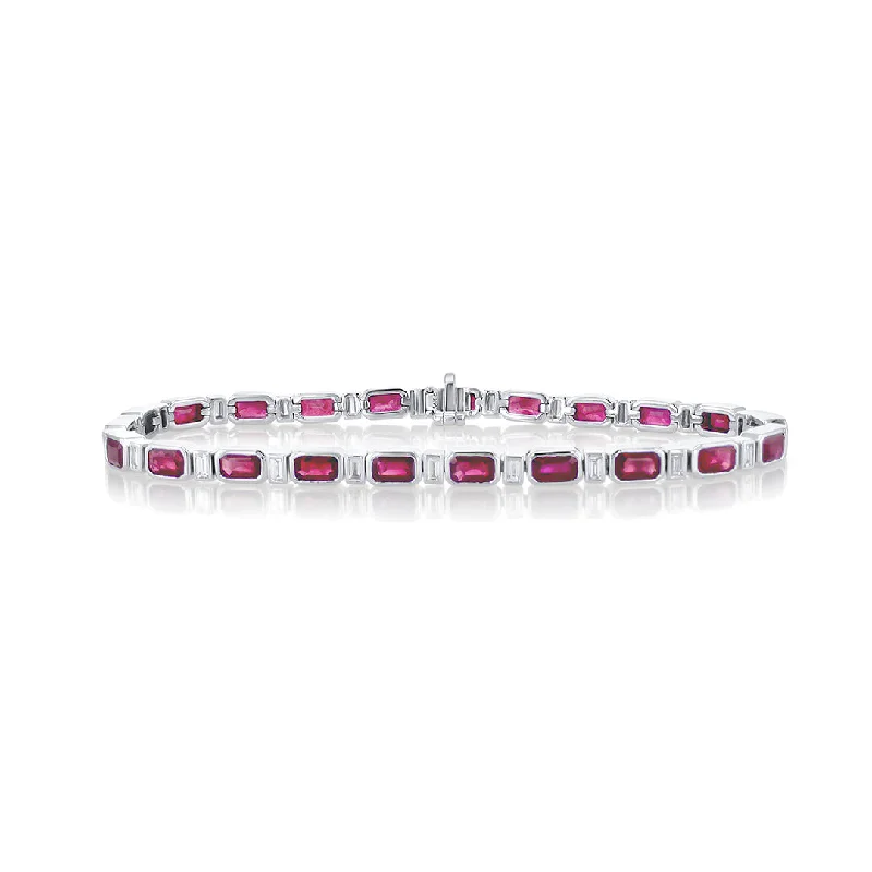 ladies-flower-twist-bracelets-8.50 Cttw Emerald Cut Ruby and 0.95 Cttw Diamond Bezel-Set 14K White Gold Bracelet