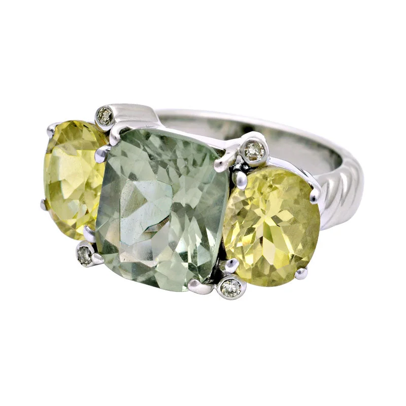 Ladies rings twisted charm -Ring-Green Quartz, Lemon Quartz and Diamond