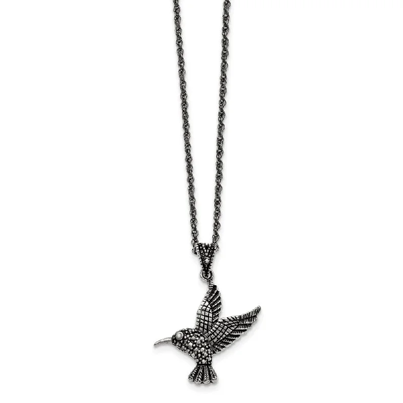 ladies-gold-star-necklaces-Marcasite Hummingbird Necklace in Antiqued Stainless Steel, 18 Inch