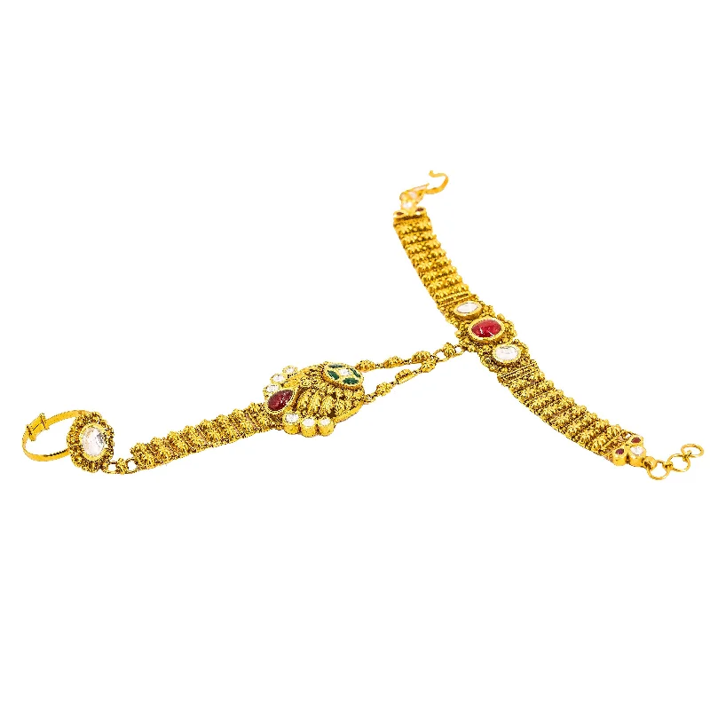 ladies-minimalist-gold-bracelets-22K Yellow Gold Panja Finger Bracelet W/ Kundan & Hollow Round Pendant on Flower Accented Chain