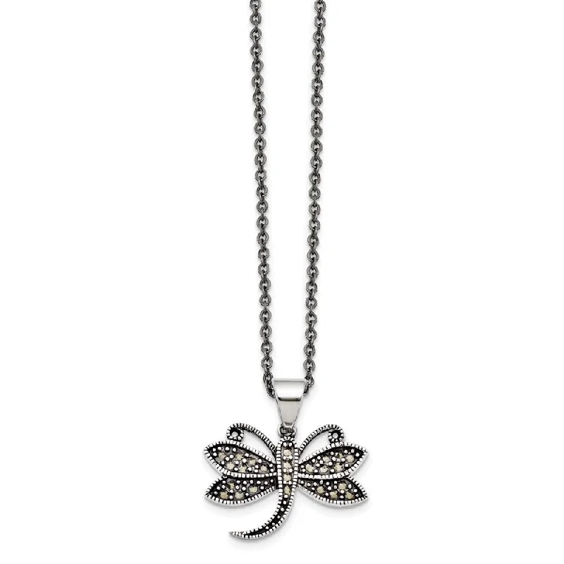 ladies-vintage-diamond-necklaces-Marcasite Dragonfly Necklace in Antiqued Stainless Steel, 18 Inch