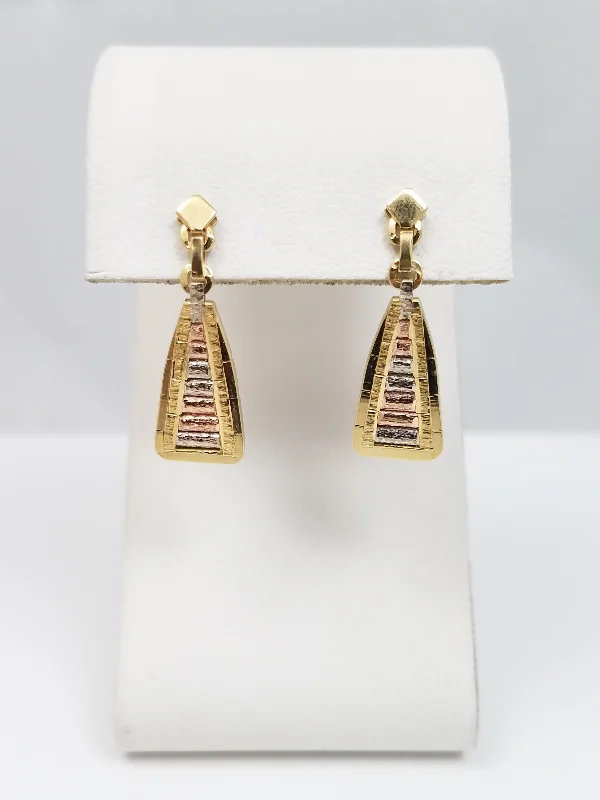 Ladies earrings stylish sparkle -Sparkly 14k Solid Tri Color Gold Riccio Style Dangle Earrings