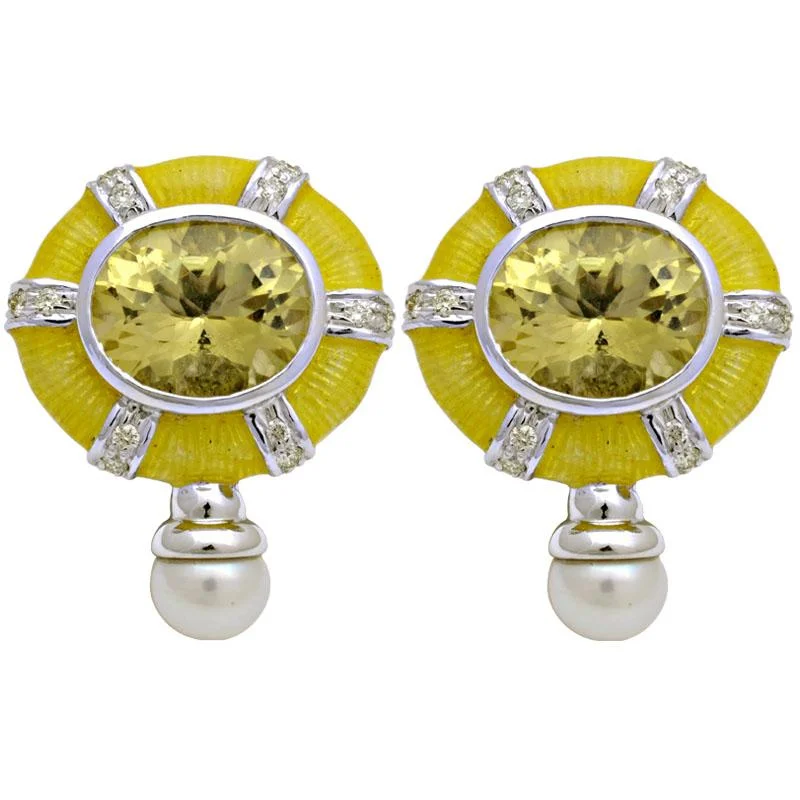 Ladies earrings dainty flair -Earrings-Lemon Quartz, Fresh Water Pearl and Diamond (Enamel)  (126JS)