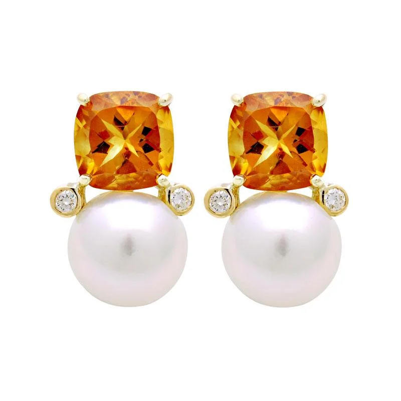 Ladies earrings 22k gold shine -Earrings-South Sea Pearl, Citrine and Diamond  (2043D)