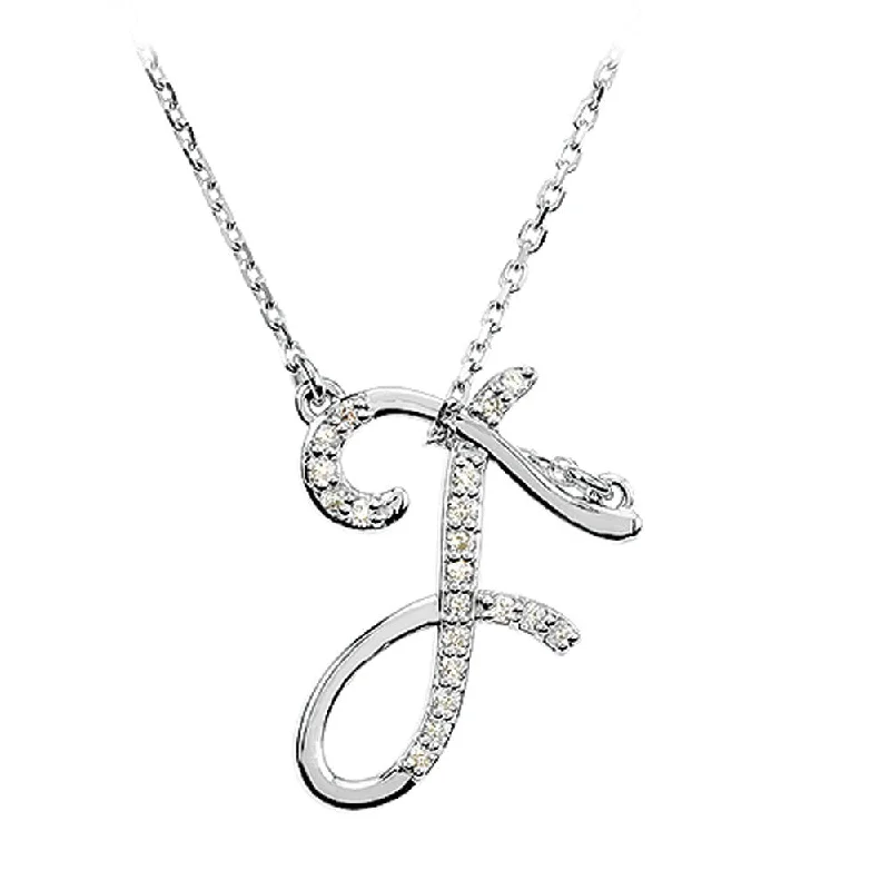 ladies-everyday-rose-gold-necklaces-1/10 Ctw Diamond 14k White Gold Medium Script Initial F Necklace, 17in