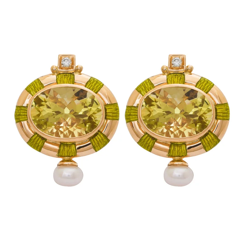 Ladies earrings refined elegance -Earrings- Lemon Quartz, Pearl and Diamond (Enamel)