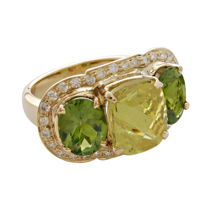 Ladies rings with sea calcite -Ring-Lemon Quartz, Peridot and Diamond