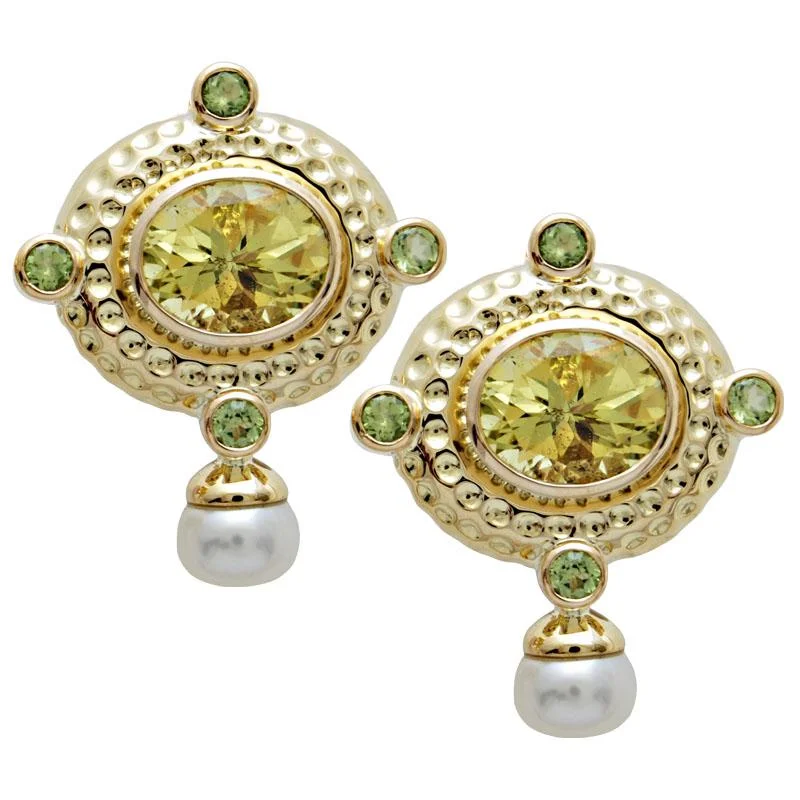 Ladies earrings for bold vibes -Earrings-Lemon Quartz, Peridot and Pearl  (1647J)