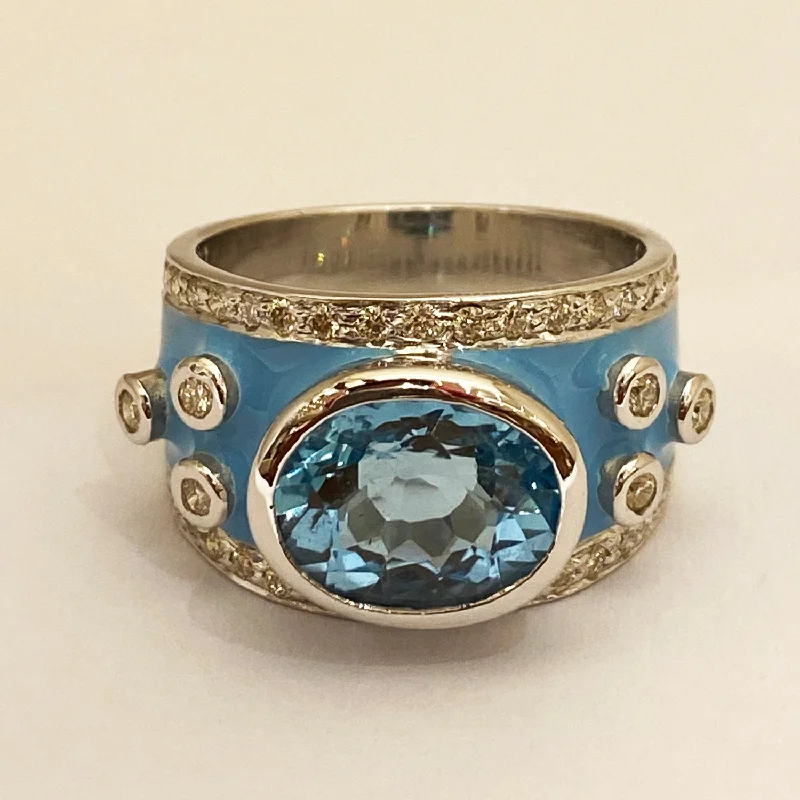 Ladies rings for pastoral vibes -Ring - Blue Topaz and Diamond with Enamel in Silver