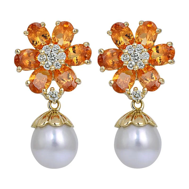 Ladies earrings for stage stars -Earrings- Orange Garnet, South Sea Pearl and Diamond  (2166D)