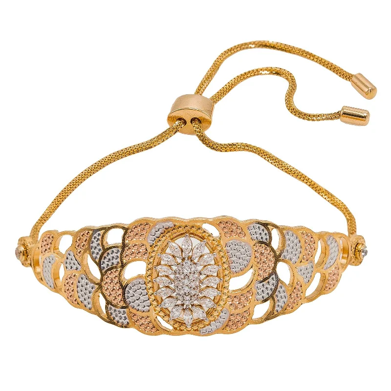 ladies-sterling-silver-link-bracelets-22K Multi Tone Gold Bracelet W/ CZ Gems, Overlay Petals & Drawstring Closure