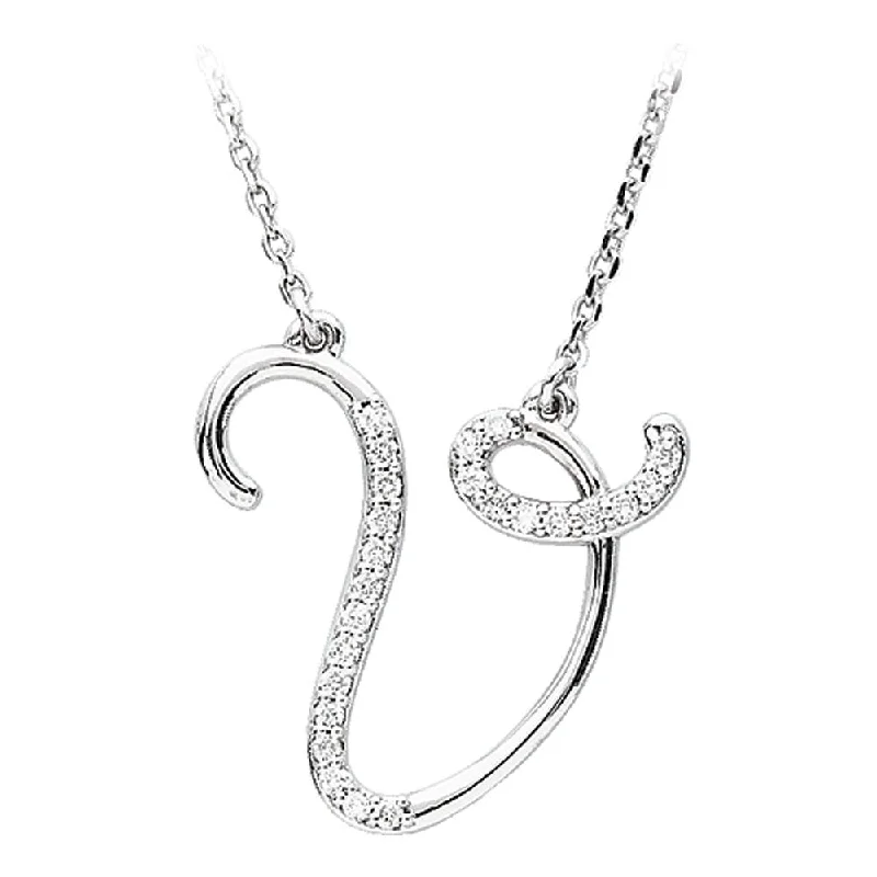 ladies-affordable-pearl-necklaces-1/8 Ctw Diamond Sterling Silver Medium Script Initial V Necklace, 16in