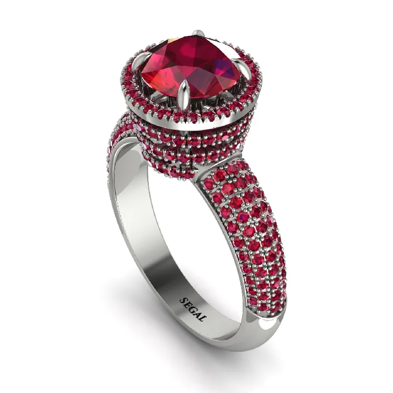 Ladies engagement rings with bite settings -Ruby Cluster Halo Engagement Ring - Katie No. 57