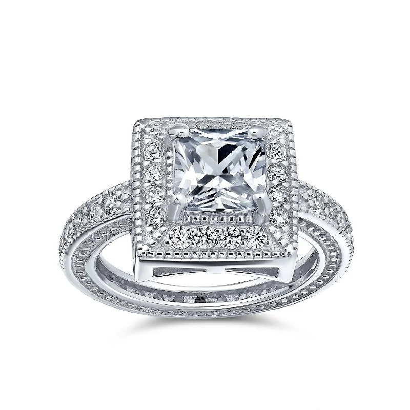 Ladies engagement rings graceful romance -Vintage Art Deco Style CZ Milgrain Princess Cut Halo Engagement Ring Silver