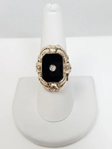 Ladies rings 22k gold finish -Grand 1930's 14k White Gold Natural Onyx Diamond Filigree Ring