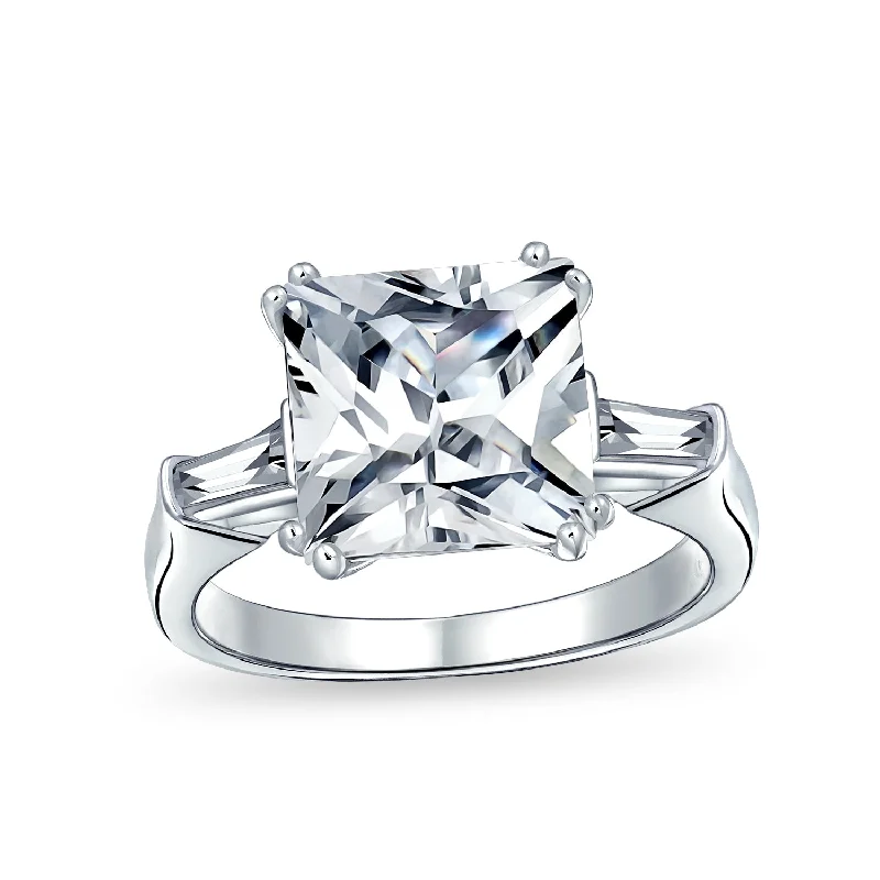 Ladies engagement rings with scale accents -5CT Square Princess Cut AAA CZ Side Baguette Solitaire Engagement Ring