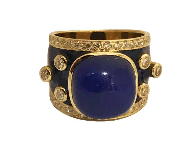 Ladies rings cute elegance -Ring - Lapis Lazuli and Diamond (Enamel) in 18K Gold