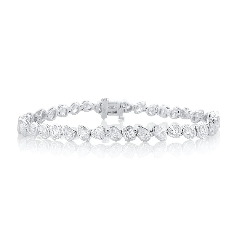 ladies-locket-braided-bracelets-7.40 Carat Mixed Fancy Shape Diamond Bezel Bracelet set in 18K White Gold