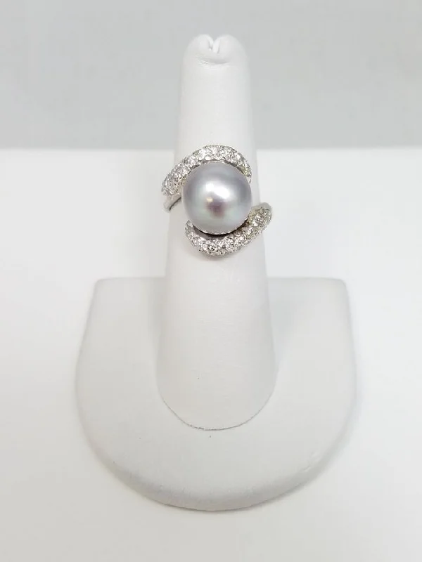 Ladies rings with rose rhodonite -Spectacular 14k White Gold Tahitian Pearl Natural Diamond Ring