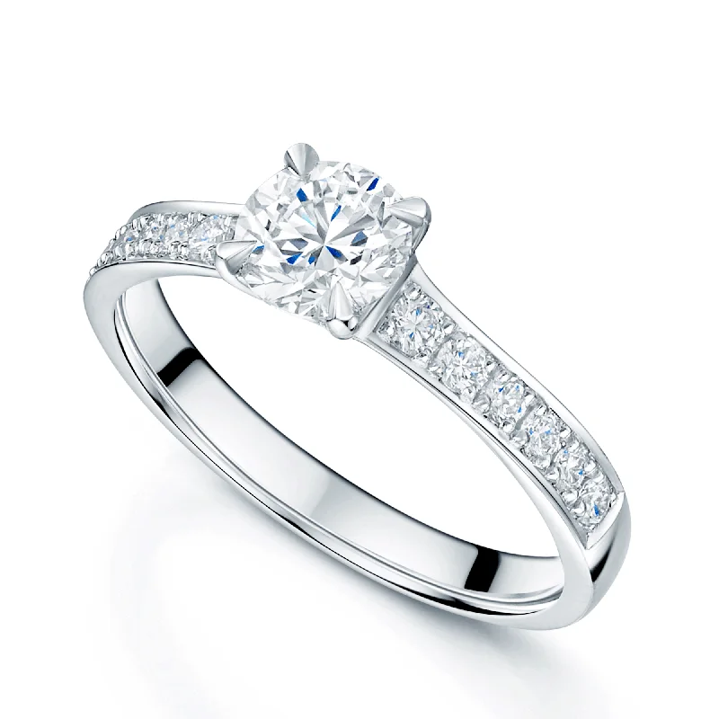 Ladies engagement rings for leader unions -Platinum Round brilliant Cut Diamond Engagement Ring With Diamond Shoulders