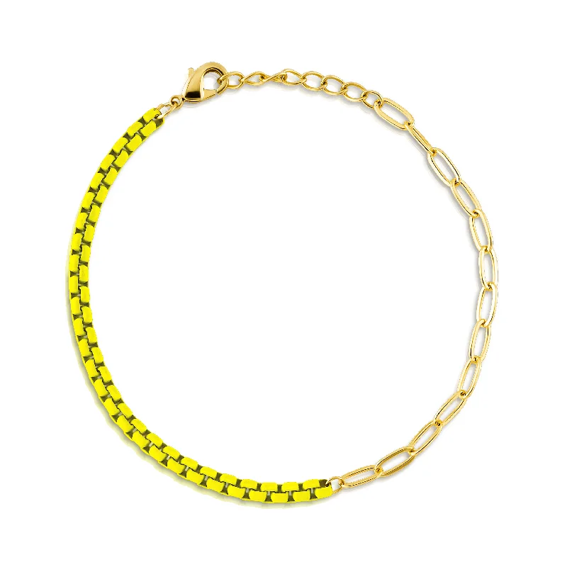 ladies-pearl-braided-bracelets-HALF & HALF ENAMEL PAPERCLIP BRACELET, NEON YELLOW