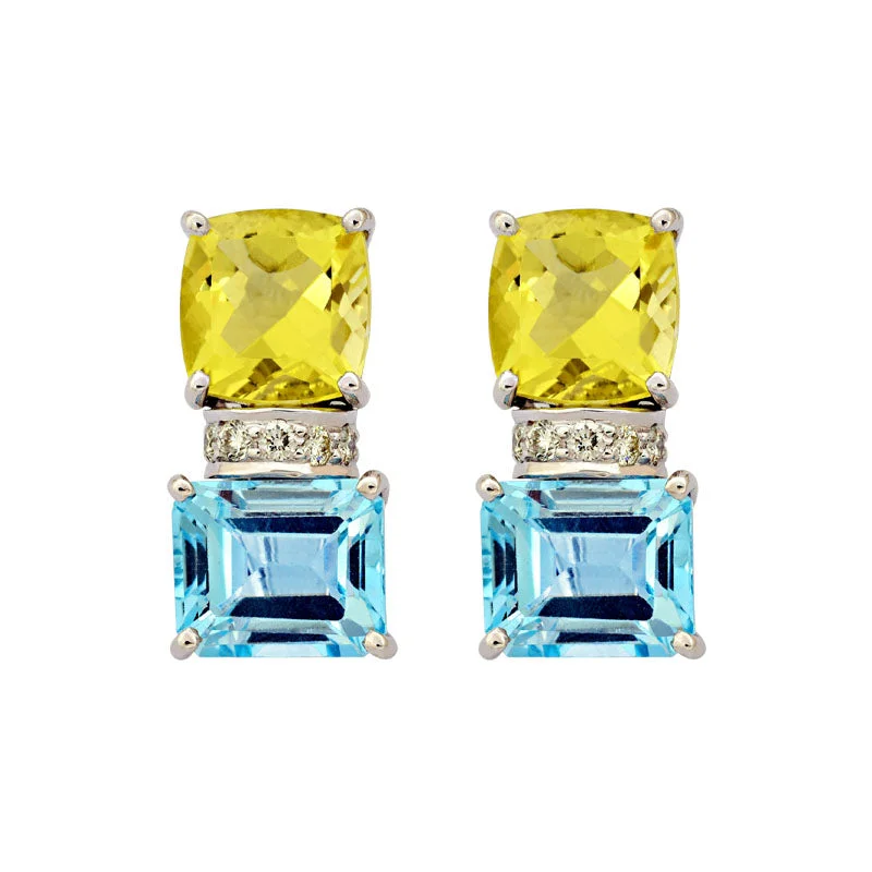 Ladies earrings dazzling flair -Earrings-Blue Topaz, Lemon Quartz and Diamond