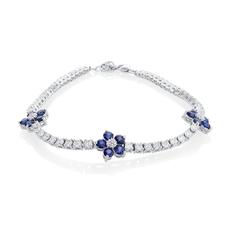 ladies-gold-bar-bracelets-2.00 Carat Sapphire and 2.50 Carat Round Diamond Floral Bracelet set in 18K White Gold