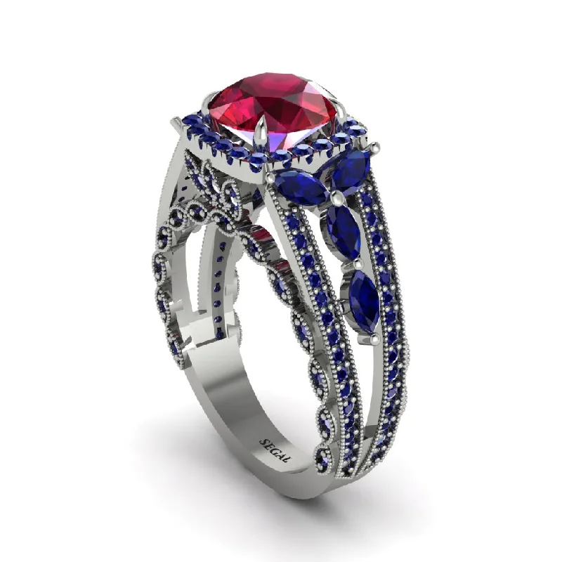 Ladies engagement rings arched romance -Ruby Eternal Embrace Double Shank Filigree Engagement Ring - Celine No. 72