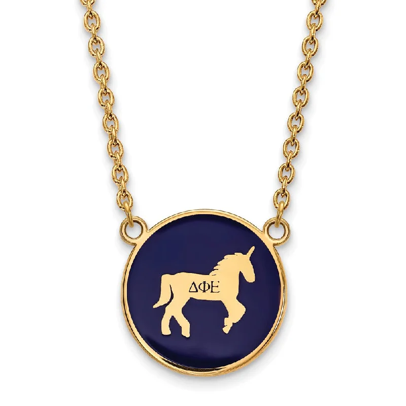 ladies-crystal-bar-necklaces-14K Plated Silver Delta Phi Epsilon Large Blue Enamel Mascot Necklace