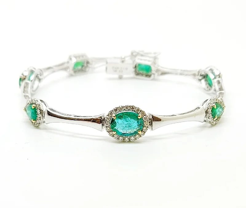 ladies-rose-gold-bar-bracelets-Emerald And Diamond Halo Stations Bracelet In 14k White Gold AD NO: 1954