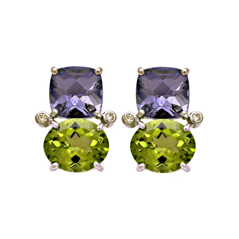 Ladies earrings bold elegance -Earrings-Iolite, Peridot and Diamond