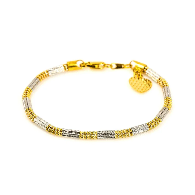 ladies-luxury-silver-bracelets-22K Multi Tone Gold Bracelet W/ Hanging Heart Charm & Alternating Patterns of Beaded Accents