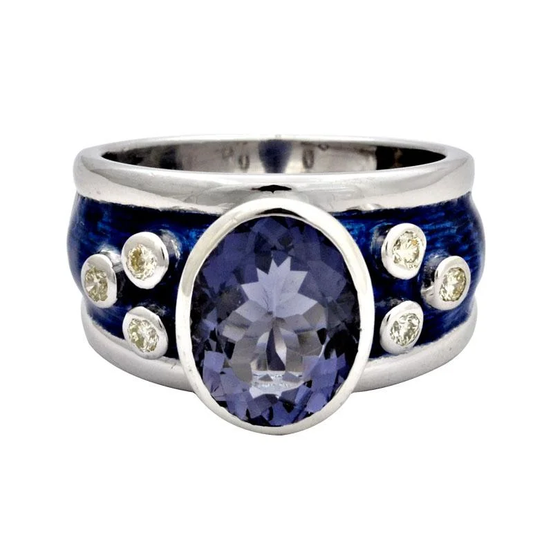 Ladies rings sleek brilliance -Ring - Iolite and Diamond with Enamel in Silver