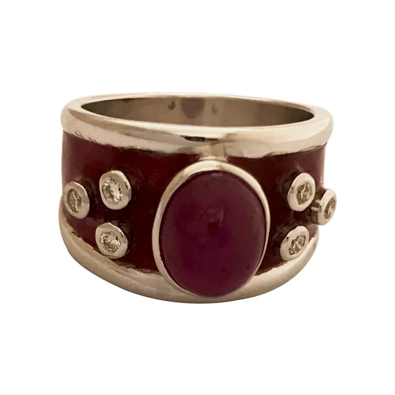 Ladies rings with night obsidian -Repair - Ring - Ruby and Diamond (Enamel) in Sterling Silver (277CS)