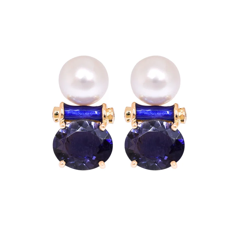 Ladies earrings fine sparkle -EARRINGS- IOLITE, S.S. PEARL AND DIAMOND (ENAMEL)