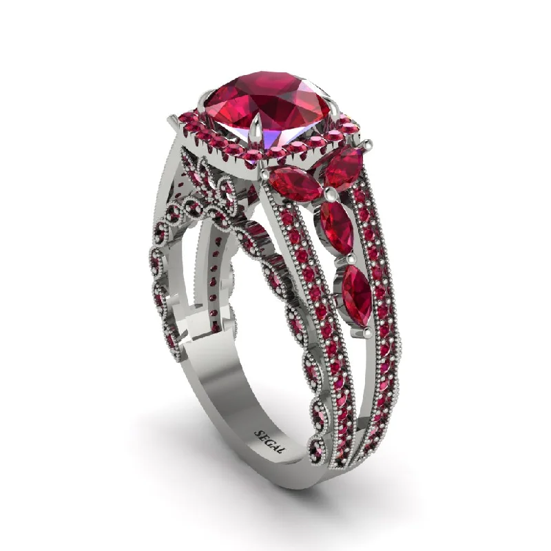 Ladies engagement rings knotted vows -Ruby Eternal Embrace Double Shank Filigree Engagement Ring - Celine No. 57