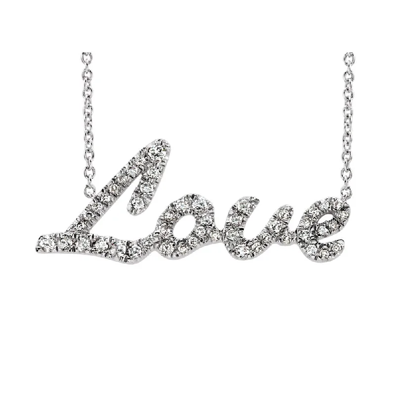 ladies-sterling-silver-box-necklaces-1/5 Ctw Diamond Love Script Necklace in 14k White Gold, 18 Inch