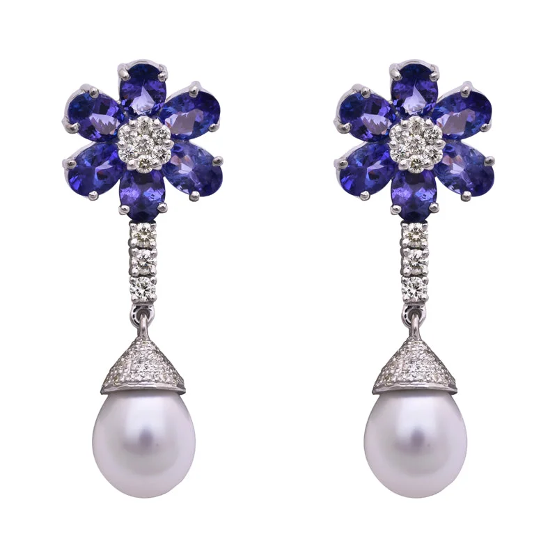 Ladies earrings slim elegance -EARRINGS- TANZANITE, S.S. PEARL AND DIAMOND IN SILVER