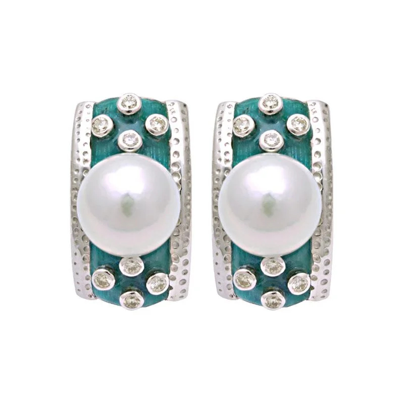 Ladies earrings with mist fluorite -Earrings-South Sea Pearl and Diamond (Enamel)  (194IS)