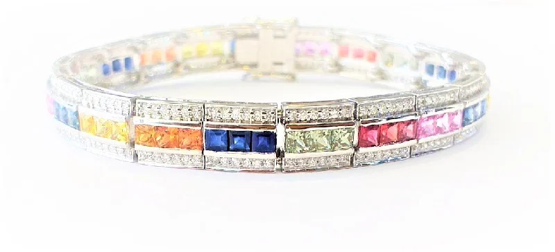 ladies-affordable-diamond-bracelets-Multicolor Sapphire and Diamond Bracelet in 14k White Gold