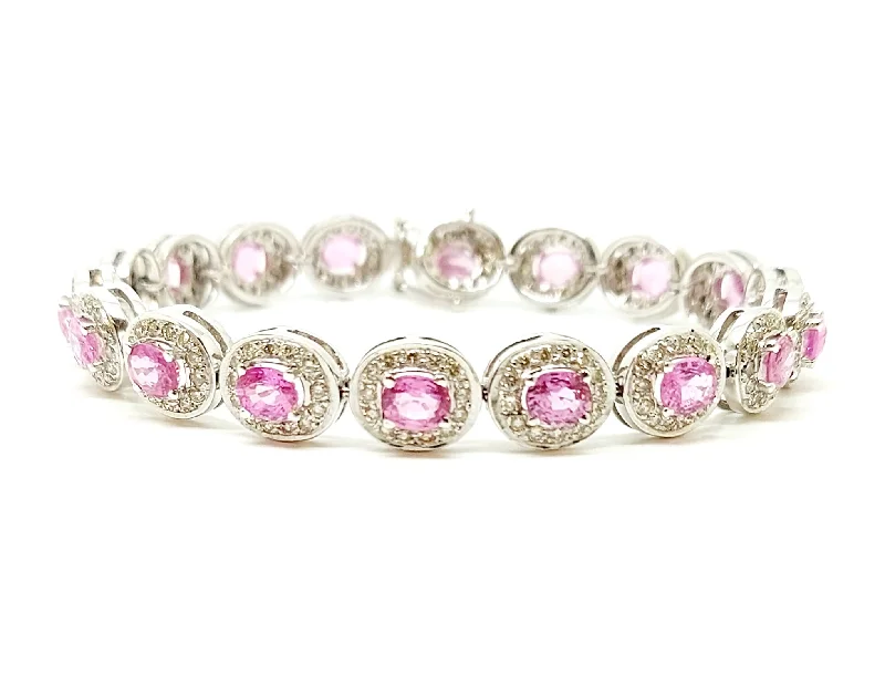 ladies-birthstone-bar-bracelets-Extraordinary Collection: Pink Sapphire And Pavé Diamond Halo Bracelet In 18k White Gold Ad No: 1410