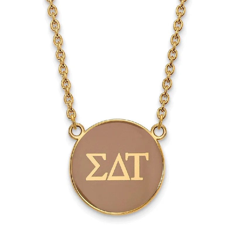 ladies-bridal-link-necklaces-14K Plated Silver Sigma Delta Tau Large Tan Enamel Disc Necklace