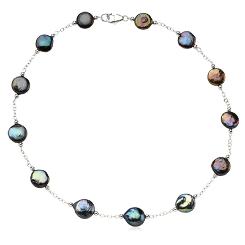 ladies-charm-rose-gold-necklaces-12-13mm Black FW Cultured Coin Pearl & Sterling Silver 18-In Necklace